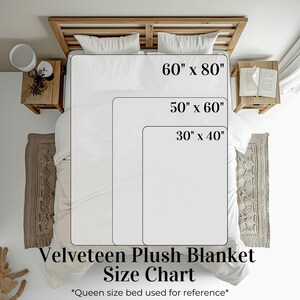 May include: A size chart for Velveteen Plush Blankets, showing three different sizes: 30" x 40", 50" x 60", and 60" x 80". The chart is displayed on a queen-sized bed for reference.