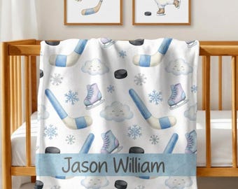 Personalized Hockey Baby Blanket, Custom Name Sports Throw, Hockey Crib Bedding, Future Hockey Player Baby Gift, Sports Nursery Decor
