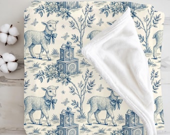 Blue Toile Lamb Baby Blanket, French Country Nursery Blanket, Vintage Farm Animal Baby Gift, Elegant Heirloom Blanket, Baby Shower Gift