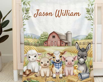 Personalized Farm Animal Baby Blanket, Custom Farm Friends Nursery Decor, Barnyard Baby Shower Blanket, Cow Pig Lamb Baby Name Swaddle