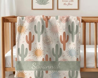 Personalized Boho Cacti Baby Blanket, Custom Name Desert Nursery Throw, Southwest Cactus Crib Bedding, Sun Floral Baby Blanket