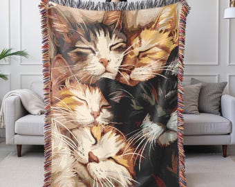 Cat Lover Woven Blanket,  Cat Tapestry, Woven Cotton Throw Blanket, Cat Decor, Tapestry Wall Art, Cottagecore Decor, Cozy Cat Lover Blanket