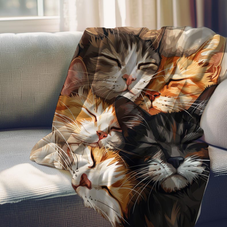 May include: A soft, cozy blanket featuring a close-up image of four cats sleeping together. The cats are a mix of brown, black, and white fur. The blanket is perfect for cuddling up on the couch or in bed.