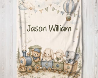 Sweet Animal Train Baby Blanket, Personalized Name Blanket, Neutral Nursery Gift