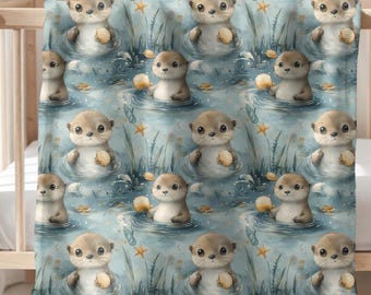 Adorable Otter Baby Blanket, Cute Ocean Otter Newborn Swaddle, Sea Animal Toddler Gift, Custom Baby Shower Blanket, Otter Boy Blanket