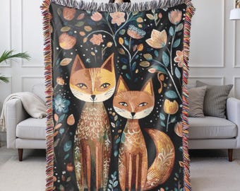 Folk Art Fox Woven Blanket,  Woodland Animal Tapestry, Dark Floral Forestcore Woven Throw Blanket, Tapestry Wall Art, Cottagecore Decor