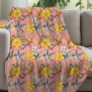 Cozy Bird and Flower Blanket, Colorful Bird Throw, Floral Blanket, Fleece Sherpa or Soft Velveteen Plush Blanket, Warm Throw, Whimsical Bird