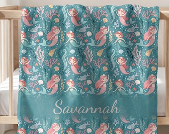 Personalized Mermaid Baby Blanket, Custom Name Velveteen Blanket for Girls, Ocean Theme Nursery, Baby Shower Gift, Custom Toddler Blanket