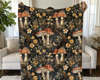 Vintage Mushroom Blanket, Velveteen Plush Blanket, Cozy Blanket, Boho Mushroom Throw, Cottagecore Decor, Goblincore Throw, Dark Academia