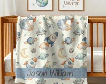 Personalized Space Baby Blanket, Custom Name Rocket Throw, Outer Space Galaxy Crib Bedding, Moon Stars Baby Boy Blanket