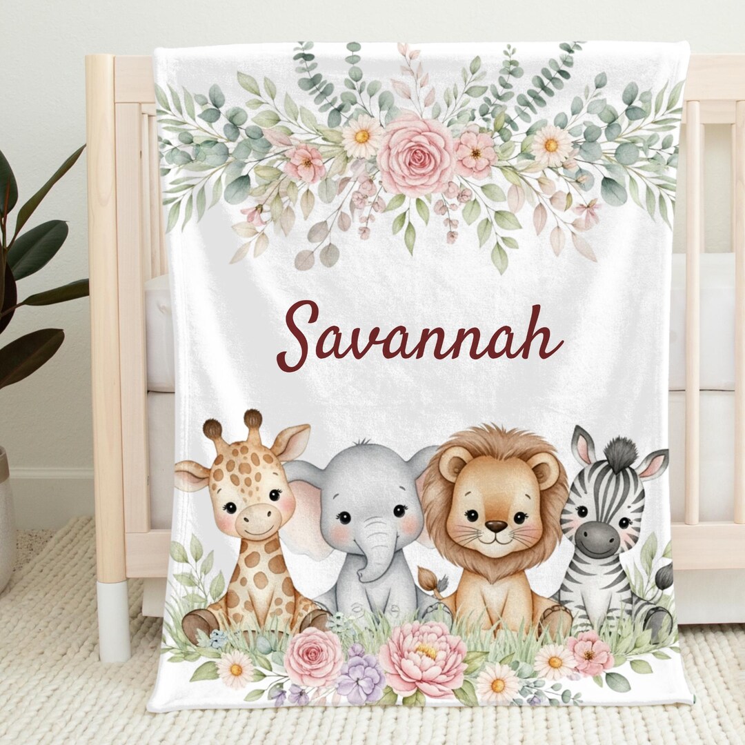 Personalized Safari Baby Blanket, Jungle Animal Nursery Decor, Custom ...