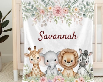 Safari Name Blanket, Personalized Jungle Baby Girl Blanket, Velveteen Throw, Custom Baby Shower Gift & Cozy Couch Snuggle