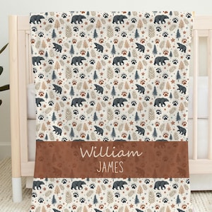 Personalized Woodland Animal Baby Blanket, Boy Name Swaddle, Custom Black Bear Nursery Blanket, Customized Rustic Baby Shower Gift