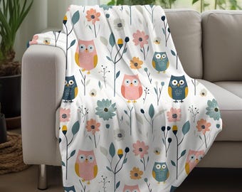 Cozy Owl Blanket, Floral Throw, Owls and Flowers, Fleece Sherpa or Soft Velveteen Plush Blanket, Warm Fleece Throw, Owl Decor, Owl Throw