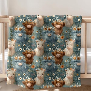 Highland Cow Baby Blanket, Cow Soft Velveteen Plush or Sherpa Fleece Blanket, Highland Cow Throw Blanket and Pillow, Highland Cow Nursery