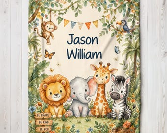 Safari Animal Baby Blanket, Personalized Name Blanket, Jungle Nursery Gift