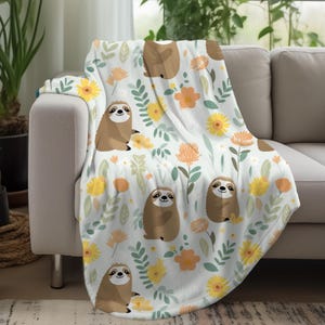 Cozy Sloth Blanket, Floral Throw, Sloths and Flowers, Fleece Sherpa or Soft Velveteen Plush, Warm Fleece Throw, Home Decor, Cute Throw
