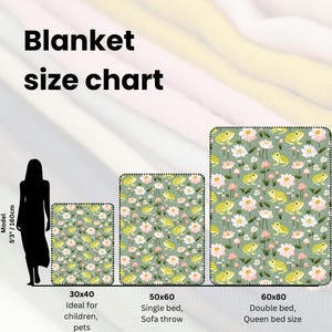 May include: A size chart for blankets with three different sizes: 30x40 inches, 50x60 inches, and 60x80 inches. Each size is represented by a square with a green background and a pattern of frogs and flowers. The chart also includes text describing the ideal use for each size, such as "Ideal for children, pets" for the 30x40 inch size.