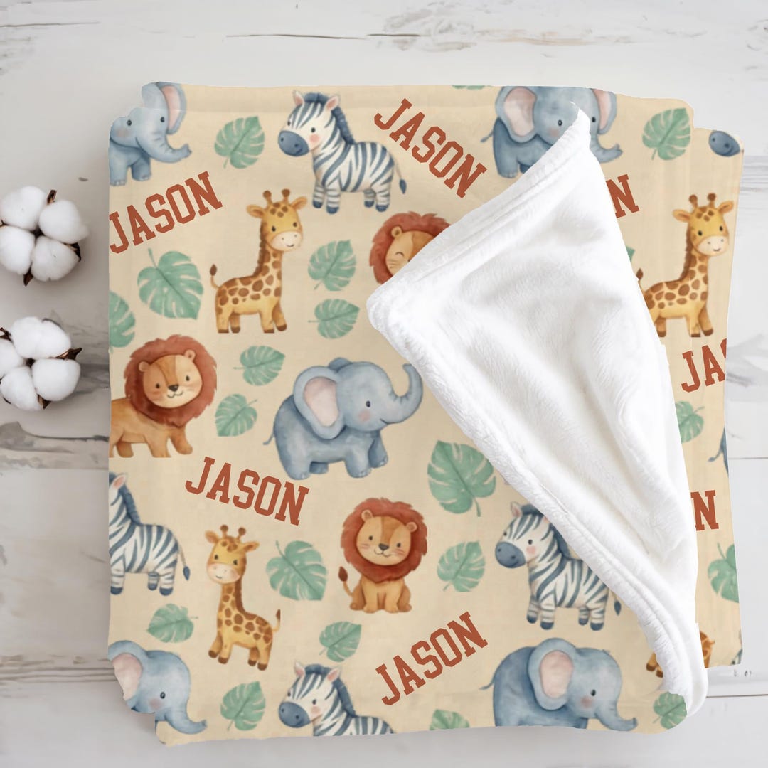 Personalized Safari Baby Blanket, Custom Name Jungle Animal Nursery ...