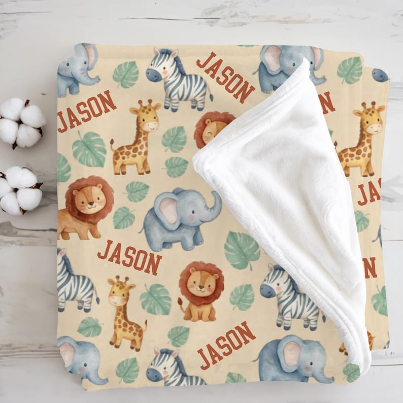 Personalized Safari Baby Blanket, Custom Name Jungle Animal Nursery ...