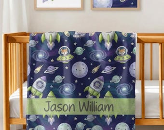 Personalized Space Animal Baby Blanket, Custom Name Galaxy Nursery Blanket, Rocket Ship Baby Blanket Gift, Outer Space Baby Bedding