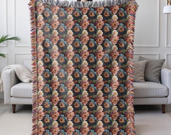 Retro Floral Woven Blanket,  Midcentury Modern Boho Home Decor, Vintage Flowers Tapestry, Woven Throw Blanket, Vintage Floral Decor