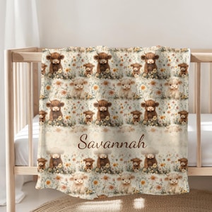 Highland Cow Personalized Baby Blanket, Customized Name Blanket, Highland Cow Personalized Throw, Cute Cow Nursery, Baby Name Swaddle