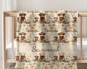 Highland Cow Personalized Baby Blanket, Customized Name Blanket, Highland Cow Personalized Throw, Cute Cow Nursery, Baby Name Swaddle