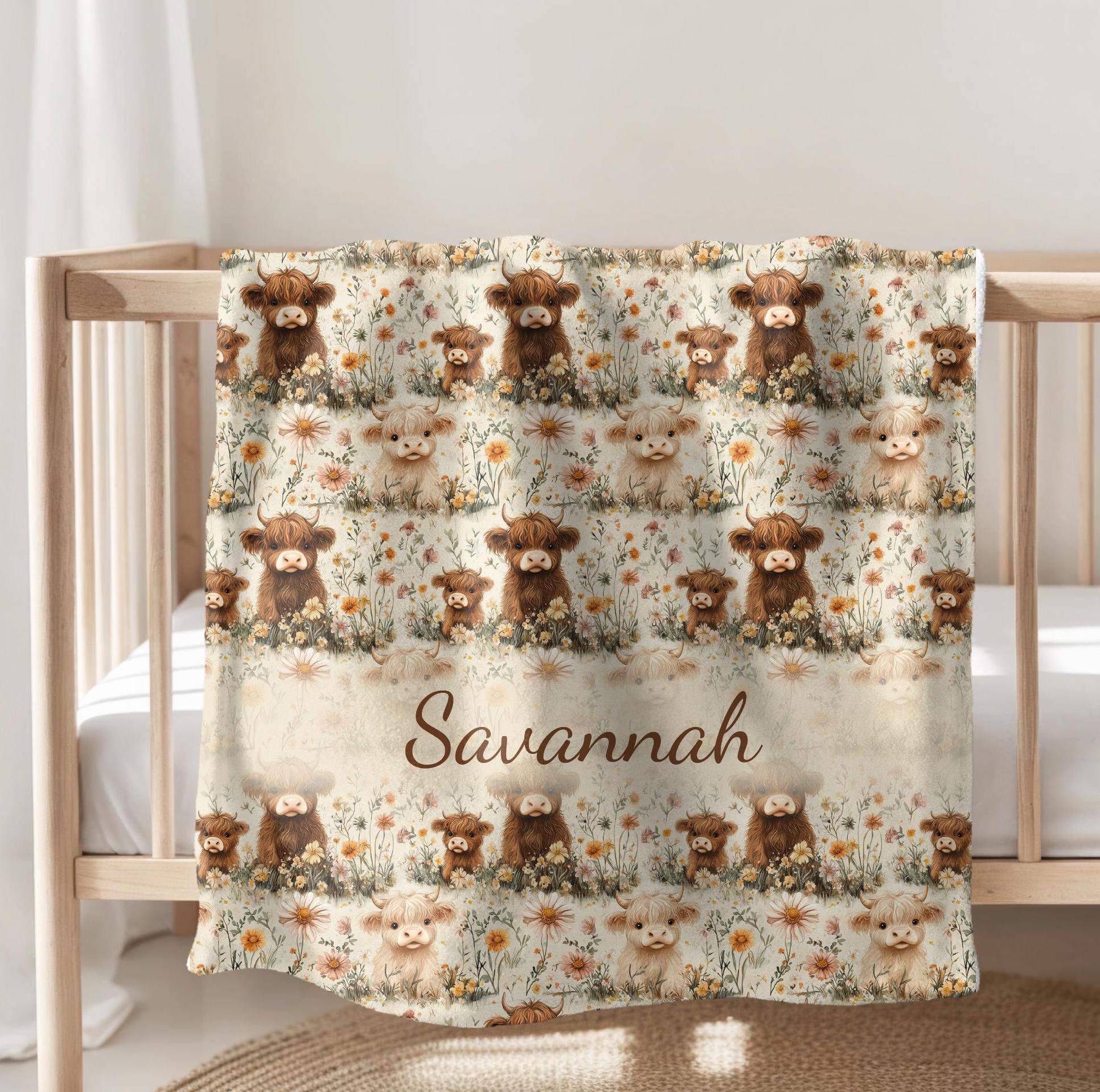 Highland Cow Personalized Baby Blanket, Customized Name Blanket, Highland Cow Personalized Throw, Cute Cow Nursery, Baby Name Swaddle