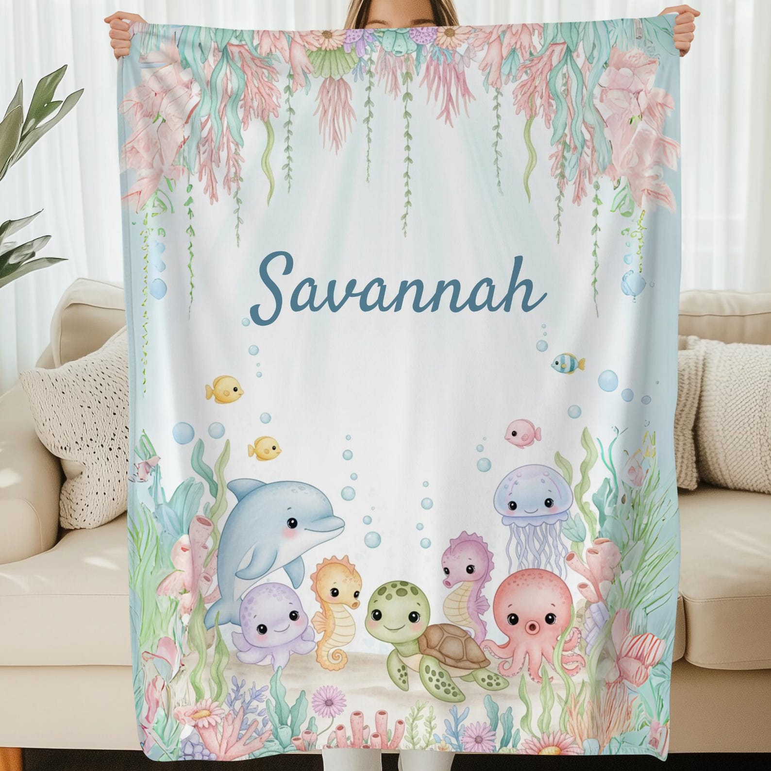Personalized Under the Sea Baby Blanket, Sea Animals Nursery Decor ...