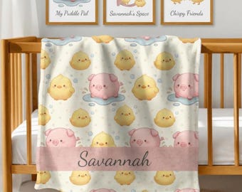 Personalized Farm Baby Blanket, Custom Name Pig and Chick Blanket, Cute Farm Animal Baby Blanket, Baby Girl Name Blanket Gift