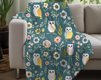 Cozy Owl Blanket, Floral Throw, Owls and Flowers, Fleece Sherpa or Soft Velveteen Plush Blanket, Warm Fleece Throw, Owl Decor, Owl Throw