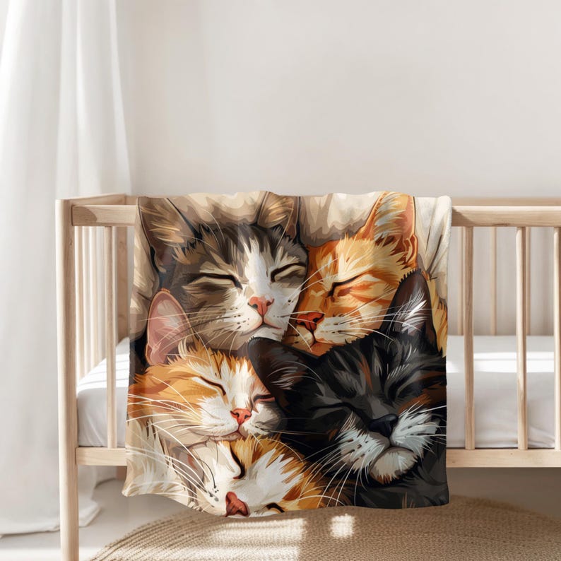 May include: A soft, cozy blanket featuring a close-up illustration of four cats sleeping together. The cats are a mix of brown, white, black, and orange.