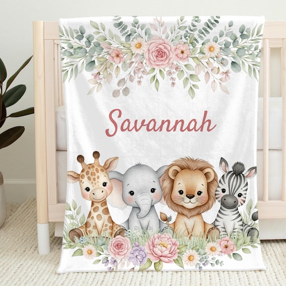Safari Name Blanket, Personalized Jungle Baby Girl Blanket, Velveteen Throw, Custom Baby Shower Gift & Cozy Couch Snuggle