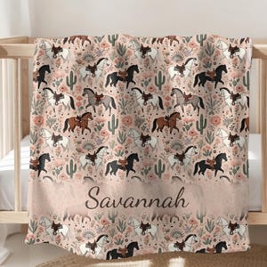 Personalized Western Baby Blanket, Custom Horses & Cactus, Velveteen Baby Shower Gift Cowboy Girl Nursery Decor Desert Floral Horse Blanket