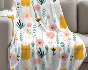 Cozy Cat Blanket, Floral Throw, Cats and Flowers, Fleece Sherpa or Soft Velveteen Plush Blanket, Warm Fleece Throw, Home Decor, Cat Throw