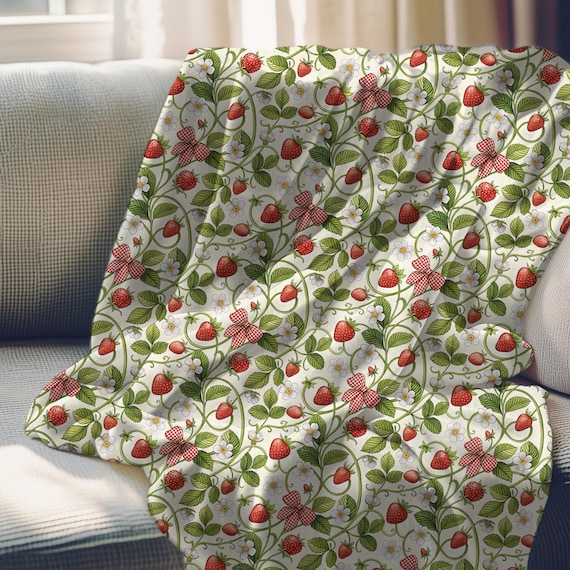 Strawberry Plush Blanket, Cottagecore Gingham Bow Throw, Comfy Sofa Throw Blanket, Farmhouse Strawberry Decor, Soft Plush or Sherpa Fleece