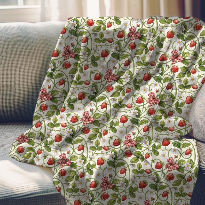 Strawberry Plush Blanket, Cottagecore Gingham Bow Throw, Comfy Sofa Throw Blanket, Farmhouse Strawberry Decor, Soft Plush or Sherpa Fleece image 1