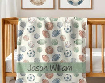 Personalized Sports Baby Blanket, Custom Name Nursery Throw, All Sports Crib Bedding, Future Athlete Baby Gift, Boys Sports Blanket