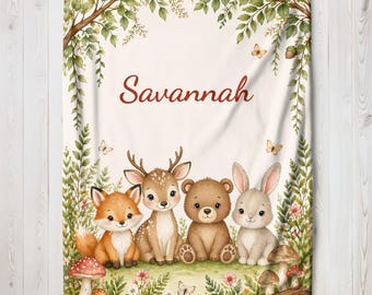 Custom Forest Friends Baby Blanket, Personalized Name Blanket, Woodland Nursery Gift