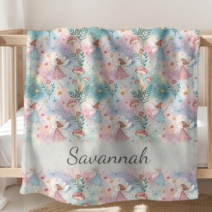 Whimsical Personalized Fairy Blanket, Boho Velveteen Baby Blanket, Magical Nursery Decor with Fairies and Stars, Custom Toddler Blanket