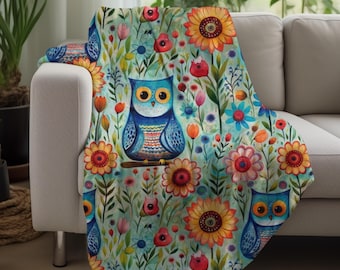 Cozy Owl Blanket, Floral Throw, Owls and Flowers, Fleece Sherpa or Soft Velveteen Plush Blanket, Warm Fleece Throw, Owl Decor, Owl Throw