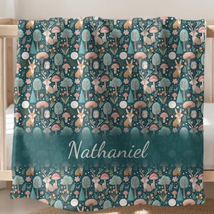 Personalized Woodland Baby Blanket, Forest Animal Nursery Bedding, Custom Name Baby Shower Gift, Woodland Theme Baby Blanket