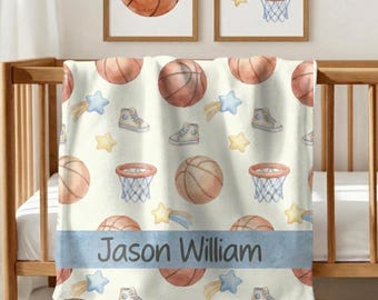 Personalized Basketball Baby Blanket, Custom Name Sports Throw, Boy Basketball Crib Bedding, Athlete Nursery Decor