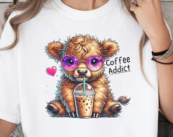 Coffee Addict Highland Cow Shirt, Cute Cow and Coffee Tee, Funny Comfort Colors® T-Shirt, Coffee Lover Gift, Cow Graphic Shirt, Coffee Lover