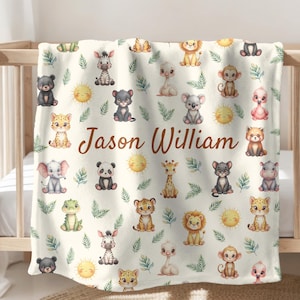 Personalized Safari Animal Baby Blanket, Cute Jungle Nursery Bedding, Custom Zoo Animals Throw, Baby Shower Gift, Safari Nursery Decor