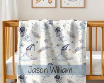 Personalized Space Baby Blanket, Custom Name Astronaut Nursery Blanket, Moon Stars Galaxy Baby Blanket Gift, Boy Nursery Bedding