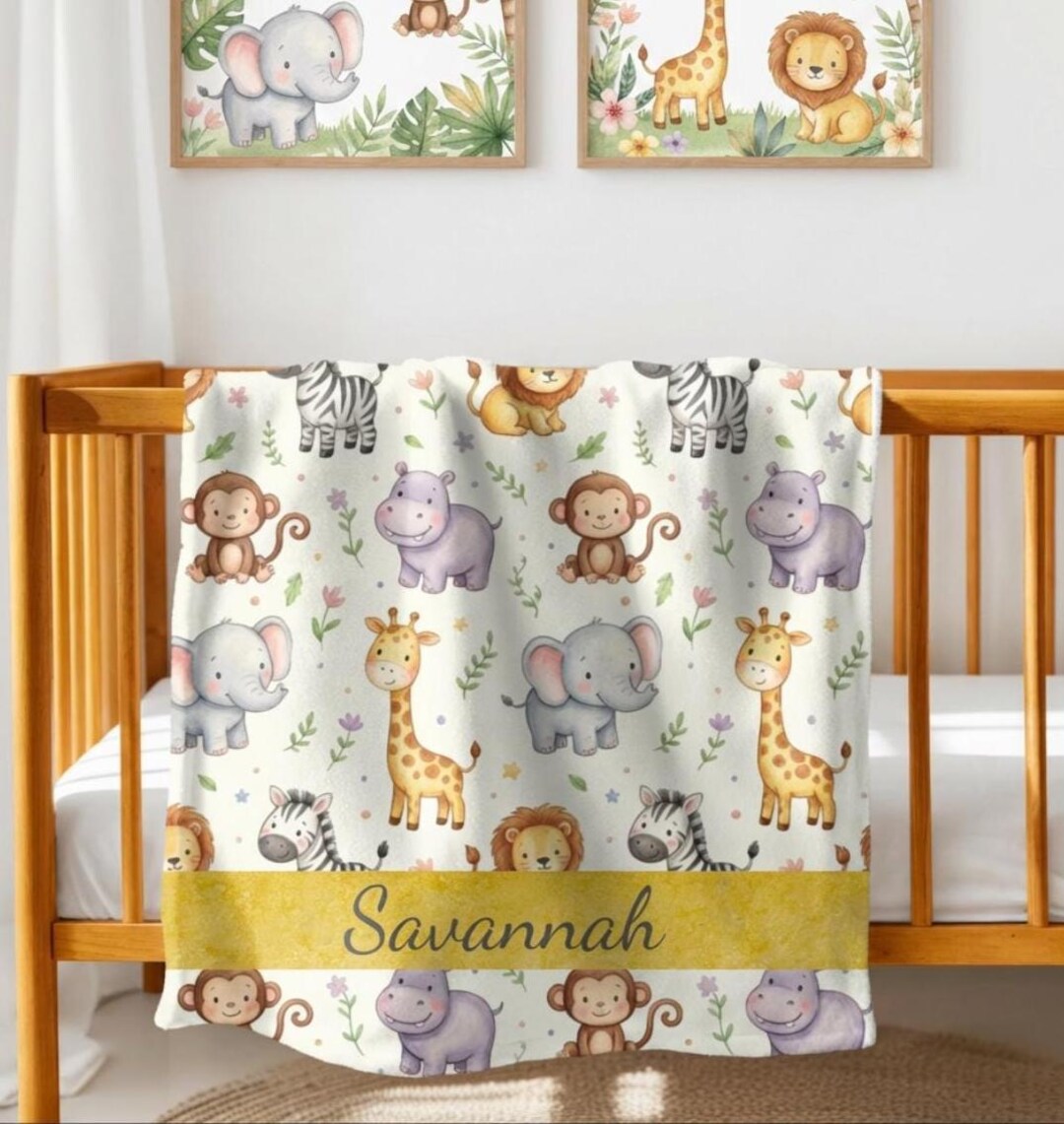 Personalized Safari Animal Baby Blanket, Custom Name Jungle Nursery ...