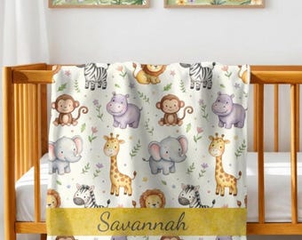 Personalized Safari Animal Baby Blanket, Custom Name Jungle Nursery Throw, Elephant Giraffe Lion Crib Bedding, Baby Shower Gift