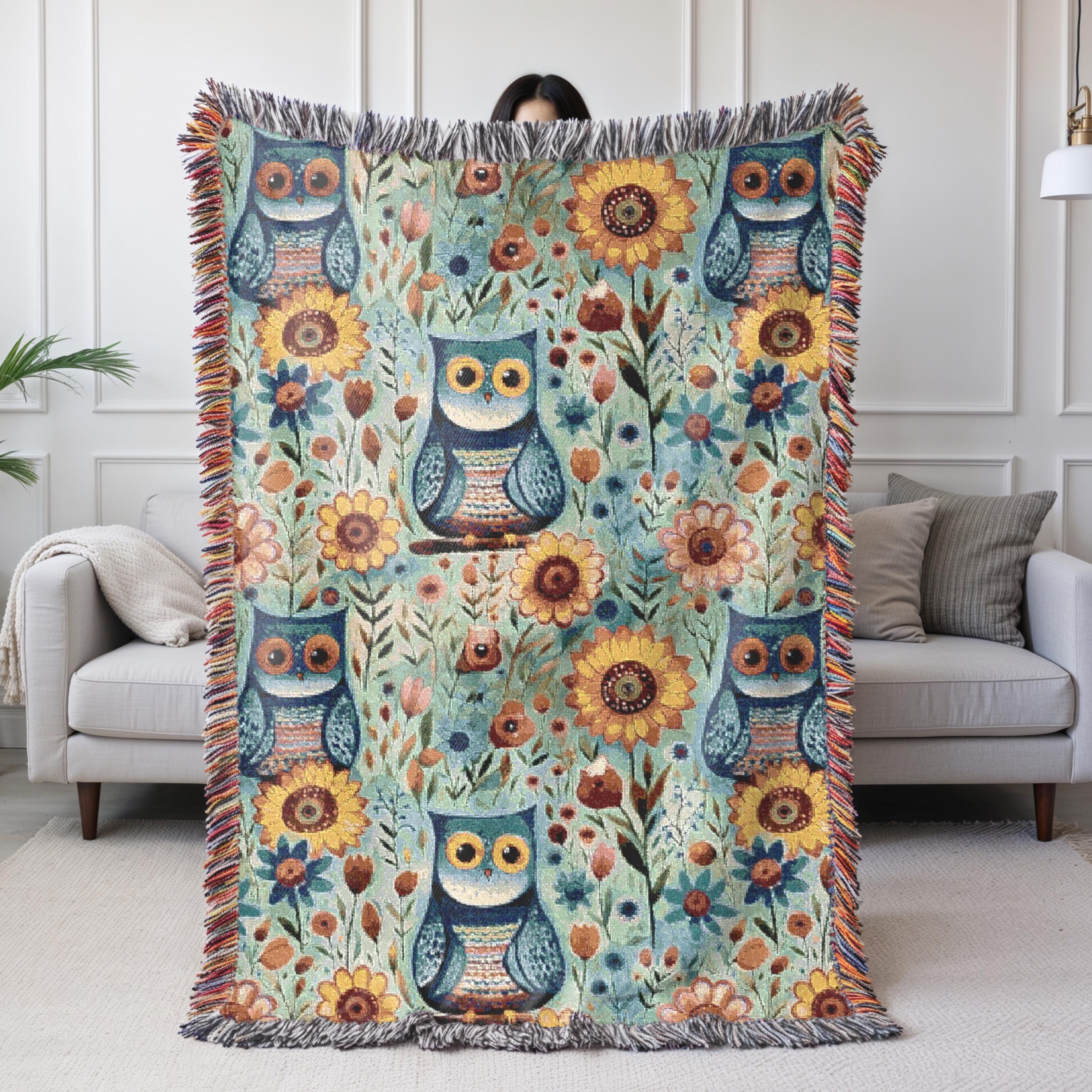Boho Owl Woven Blanket,  Cottagecore Owl and Sunflower Tapestry, Woven Throw Blanket, Tapestry Wall